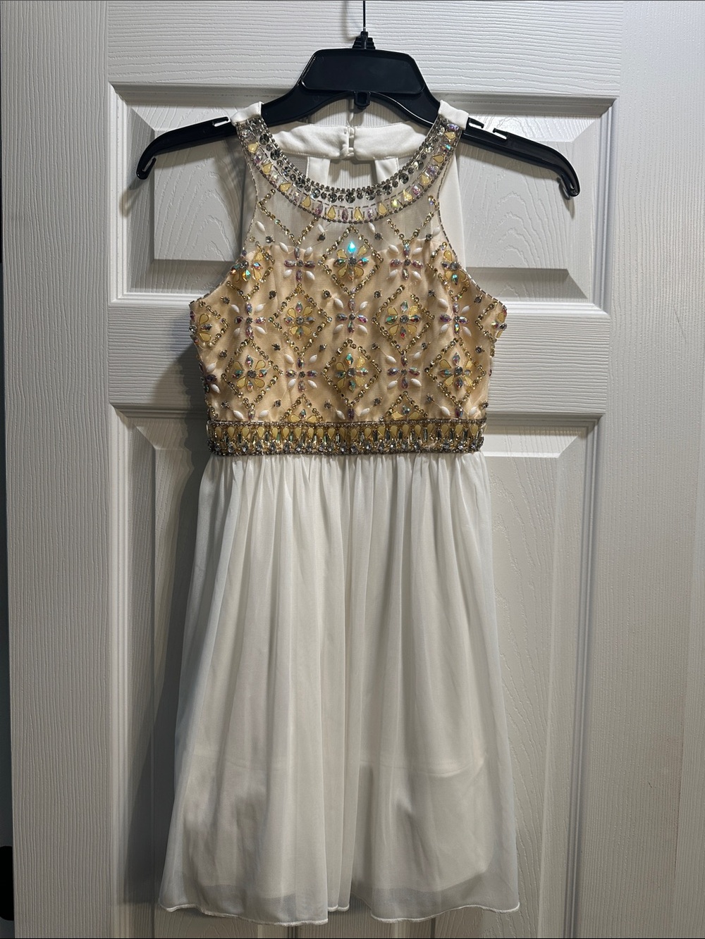 Crystal Doll Ivory & Champagne Jeweled Halter Party Dress